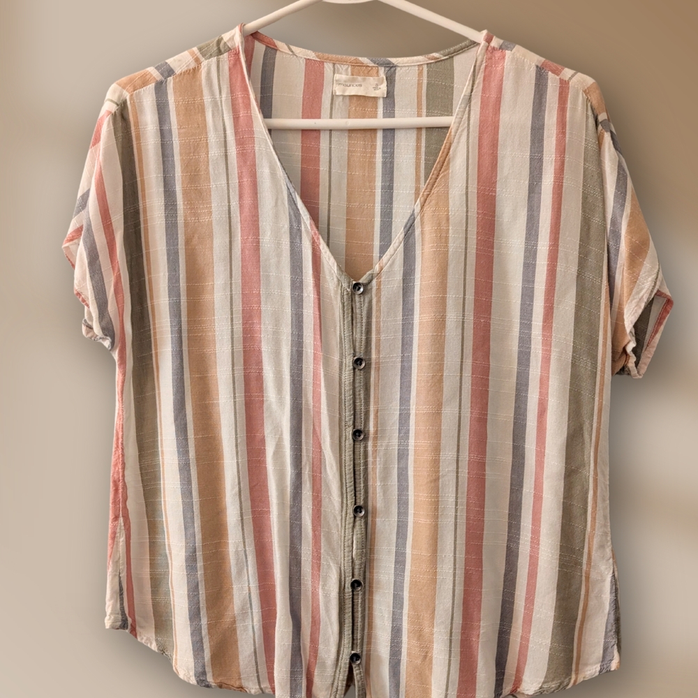 Pink and Tan Short Sleeve Crop Button Down Shirt